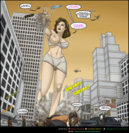 breasts drawing giantess panties city mega color large_breasts long_hair destruction rampage cleavage bra skirt buildings helicopter green_eyes shoes blood brunette falling vehicles nails nail_polish earrings lostperras dialogue running_away attack_of_the_50_foot_woman nancy_archer bare_legs bare_midriff