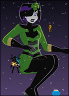 breasts drawing giga alien space black_hair color large_breasts crossover purple_eyes goddess gloves galaxy boots costume white_skin looking_at_tiny dc_comics cosmic_giantess eternity marvel_comics shrinking_violet nightcore100 legion_of_superheroes flower_in_hair hair_streak watcher living_tribunal