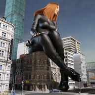 breasts giantess city mega large_breasts long_hair gun buildings red_hair boots sitting hand costume catsuit jumpsuit legs_crossed sitting_on_building zipper black_widow digital_render marvel_comics isg4e