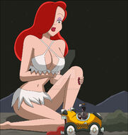 breasts drawing giantess mega color large_breasts long_hair barefoot cleavage bra skirt red_hair kneeling mountains jessica_rabbit night grey_eyes disney ripped_clothing attack_of_the_60ft_centerfold cab looking_at_tiny bare_legs nightcore100 makeshift_clothing bare_midriff