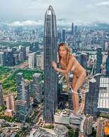 breasts nipples giantess collage nude panties city mega high_heels buildings tower undressing