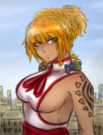 breasts drawing giantess city blonde clothed standing tattoo looking_at_viewer majoumegami