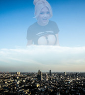 breasts collage giga city blonde clothed cleavage smiling moon shirt looking_at_viewer stan110