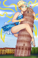 drawing giantess masturbation mega blonde color blue_eyes clothed dress pisa italy leaning_tower_of_pisa onlooker majoumegami