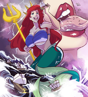 bikini breasts drawing giantess vore mega color large_breasts long_hair tongue destruction blue_eyes handheld cleavage ocean mermaid goddess red_hair navel crown storm waves open_mouth disney ships lightning ariel the_little_mermaid looking_at_tiny angelgts seashell_bra trident cutaway bare_midriff mass_vore