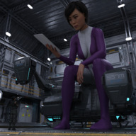 breasts giantess city mega black_hair color large_breasts clothed asian short_hair sitting indoors costume catsuit belt aircraft jumpsuit tablet hanger digital_render spider-man marvel_comics yuri_watanabe giant_women_squad giant_woman_squad anttiergod earth_2620
