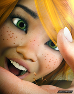 giantess vore mega blonde mouth green_eyes smiling elf shrunken_men cute voluptuous freckles point_of_view digital_render opal ashkiiwolf