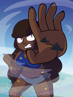 breasts drawing giantess giga mega color long_hair cleavage angry brunette military shorts airplane explosion reaching fighting dark_skin fist top ripped_clothing bare_legs bare_midriff megamaliit molly