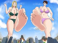 bikini breasts drawing giantess city mega color destruction rampage cleavage soles blue_hair looking_down skyscraper giantesses sky under_foot point_of_view bikini_top bare_midriff dhrclgns