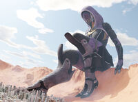 giantess city alien armor destruction buildings sitting foot_crush tali mask outdoors hood thick_thighs digital_render mass_effect talizorah quarian env_light