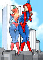 breasts drawing giantess city mega color large_breasts long_hair butt buildings green_eyes gloves red_hair boots glass reflection costume giant_girl champagne on_butt inspector97 mary_jane spider-man marvel_comics birthday_hat earth_20052 ci0