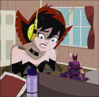 breasts drawing growth giantess mega color blue_eyes cleavage bed brunette short_hair hawkeye avengers costume bedroom belt arrows janet_van_dyne outgrowing_room marvel_comics nightcore100 the_wasp quiver avengers_earths_mightiest_heroes