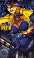 breasts drawing giantess furry tail anthro city mega vixen color large_breasts destruction cleavage playful buildings blue_hair fox low_angle brown_eyes smiling gloves police ponytail raccoon collar pants night jacket belt zipper winking bryan_lobdell thief looking_at_tiny sly_cooper orange_skin grey_skin carmelita_fox bank police_officer lifting_roof bank_vault sly_cooper_(series) vault blinking colored_drawing theartevo bank_heist top
