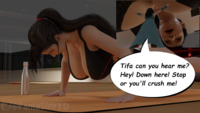 crush micro black_hair cleavage final_fantasy tifa sweat ponytail unaware shrunken_woman yoga sports_bra digital_render fantasize3d