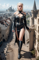 breasts drawing giantess white_hair city mega color large_breasts long_hair destruction cleavage skirt buildings castle gloves dress boots queen sky redfiredog game_of_thrones daenerys_targaryen bare_legs kings_landing khaleesi daenerys ai_art