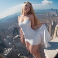 giantess city blonde cleavage dress skyscraper hoop_earrings white_dress ai_art