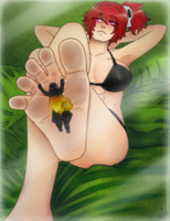 drawing feet color barefoot soles underwear red_hair lying_down pink_eyes abs shrunken_man clinging majoumegami lynda