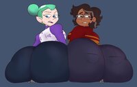 drawing color blue_eyes glasses butt_crush brunette brown_eyes green_hair dark_skin milf disney earrings latina under_butt pointed_ears hair_bun hair_streak the_owl_house camilla_noceda cl0wn_meat odalia_blight