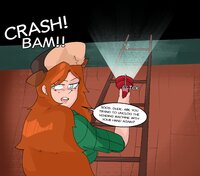 disney drawing color long_hair blue_eyes clothed shrinking story red_hair unaware hat freckles looking_behind gravity_falls on_breasts wendy_corduroy flashlight slugmanoctavio3