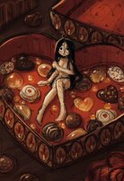 black_hair color shrunken_woman candy chocolate naked_shrunken_woman implied_vore valentines imminenet_vore