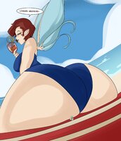 drawing wings color swimsuit beach fairy story short_hair sitting unaware shrunken_woman revenge looking_at_victim under_butt wine_glass shin_megami_tensei size_swap slugmanoctavo3
