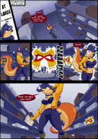 breasts drawing furry tail anthro comic color large_breasts butt cleavage blue_hair fox yellow_eyes gloves police ponytail boots collar mask pants indoors box jacket belt dialogue clipboard carmelita_fox sly_cooper_(series) mask_of_dark_earth dog_fox jack_hoo at_large