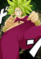 drawing giantess color blue_eyes clothed cleavage green_hair short_hair hand grin dragon_ball falling goku pants dropped panty_entrapment mousticus kefla
