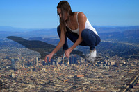 giantess collage mega destruction clothed jeans brunette squatting hand looking_down sneakers top black_nails titanesas