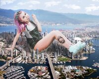 giantess collage city clothed purple_hair unknown_artist sitting overalls sneakers looking_at_viewer
