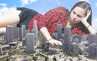 collage city mega destruction buildings brunette hand_crush smoke flannel
