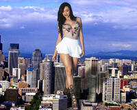 breasts giantess collage city black_hair large_breasts long_hair cleavage buildings asian dress unknown_artist sandals closed_eyes bare_legs