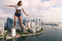 giantess collage city clothed bra surprised shorts standing white_shirt bella_thorne batman4380438