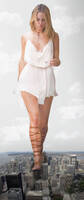 giantess collage city dress unknown_artist sandals walking looking_down skyscraper shoe_crush gladiator_sandals white_dress necklace aircraft strappy_shoes
