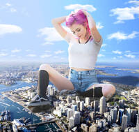 blonde clothed purple_hair smiling socks pink_hair sitting shorts looking_down sneakers shoe_crush knee_high_socks vans dochamps rolyat giantess_taylor