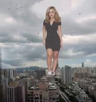 breasts giantess collage city mega blonde wonderslug dress looking_down sneakers red_lips aircraft black_dress sneaker_crush peyton_list peyton