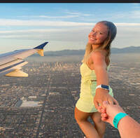 giantess collage city mega blonde smiling couple dress unknown_artist airplane walking looking_back aircraft friends
