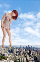 giantess collage city destruction buildings red_hair dress looking_down