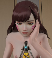 breasts nipples nude brunette unknown_artist looking_at_victim bangs digital_render overwatch d.va tracer_(overwatch)