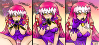 drawing gentle panties upskirt color handheld pink_hair dress sitting kissing shrunken_woman purple_dress looking_at_victim bangs bat_girl majoumegami pink_stripe_panties