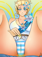 drawing panties wings blonde color blue_eyes shrinking between_legs magic looking_at_victim bun majoumegami blue_stripe_panties stripe_panties fairy_dust