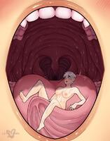 white_hair vore mouth teeth mouthplay uvula mawshot shrunken_woman implied_vore