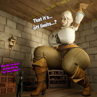 breasts white_hair black_hair long_hair clothed huge_breasts castle breast_expansion gloves mini_giantess boots squatting looking_down pants magic indoors belt dialogue thick_thighs looking_at_tiny digital_render the_witcher ciri yennefer failureatlife099