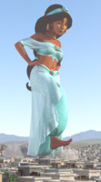 giantess city mega black_hair destruction clothed barefoot rampage buildings desert ponytail pants dark_skin jasmine aladdin disney necklace earrings top headband hands_on_hips hairband agrabah imminent_crush digital_render bare_midriff gtssrg