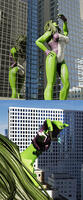 breasts giantess vore city mega long_hair butt handheld buildings gloves green_hair mask reflection costume leotard hands_on_hips hood imminent_vore green_skin pinched digital_render gwen_stacy she-hulk bare_legs spider-man marvel_comics roodedude spider-gwen