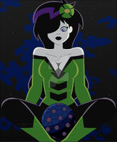 breasts drawing giantess giga space black_hair color large_breasts planet cleavage purple_eyes prison costume white_skin dc_comics cosmic_giantess shrinking_violet nightcore100 legion_of_superheroes flower_in_hair hair_streak takron-galtos