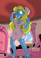 breasts drawing growth blonde color long_hair barefoot cleavage mini_giantess blue_skin cartoon hat smurf bedroom smurfette ripped_clothing slippers night_gown bare_legs drsgrowth smurfs
