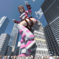 breasts giantess city mega blonde butt destruction buildings gloves boots costume belt crowds running_away digital_render bare_legs marvel_comics gwenpool anttiergod booty_bump gwen_poole