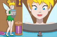 breasts micro wings blonde blue_eyes skirt water fairy tiny smiling dress tinkerbell disney ships flag pirates button looking_at_tiny shrunken_ship hair_bun bare_legs nightcore100 thimble