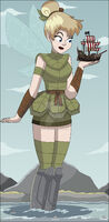breasts giantess wings mega blonde blue_eyes handheld skirt water fairy smiling dress boots tinkerbell disney ships belt flag pirates hairband wading looking_at_tiny hair_bun nightcore100