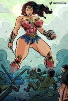 breasts drawing giantess mega black_hair color large_breasts long_hair armor sword skirt military boots smoke wonder_woman soldiers giantessfan bracelet tiara shield helmet looking_at_tiny dc_comics bare_legs no_man_land
